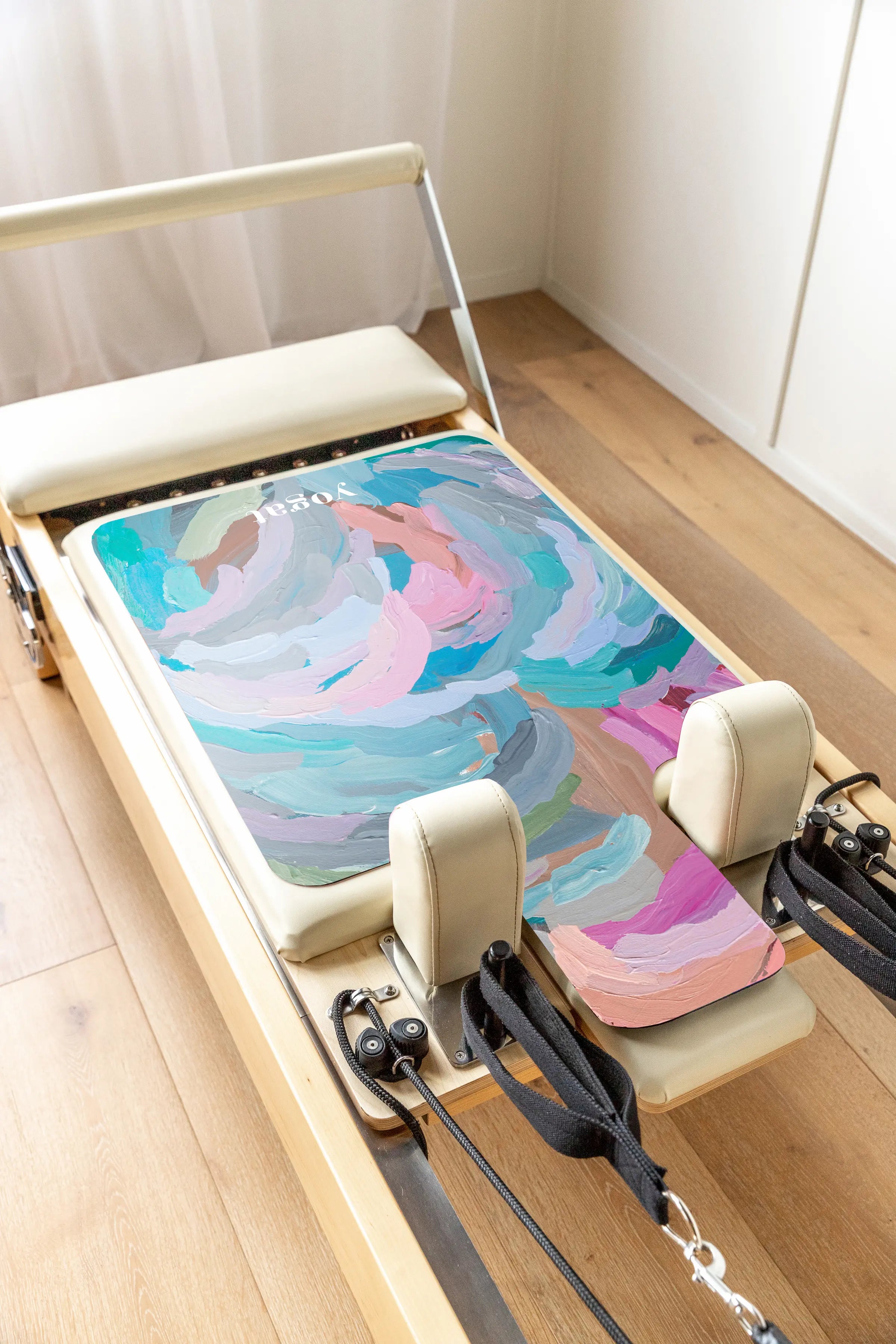 Becoming You Reformer Pilates Mat by Erin Reinboth and yogat – eco-friendly and PVC-free, featuring non-slip microfiber with original Australian artwork. Fits most reformer machines; lightweight and machine washable.