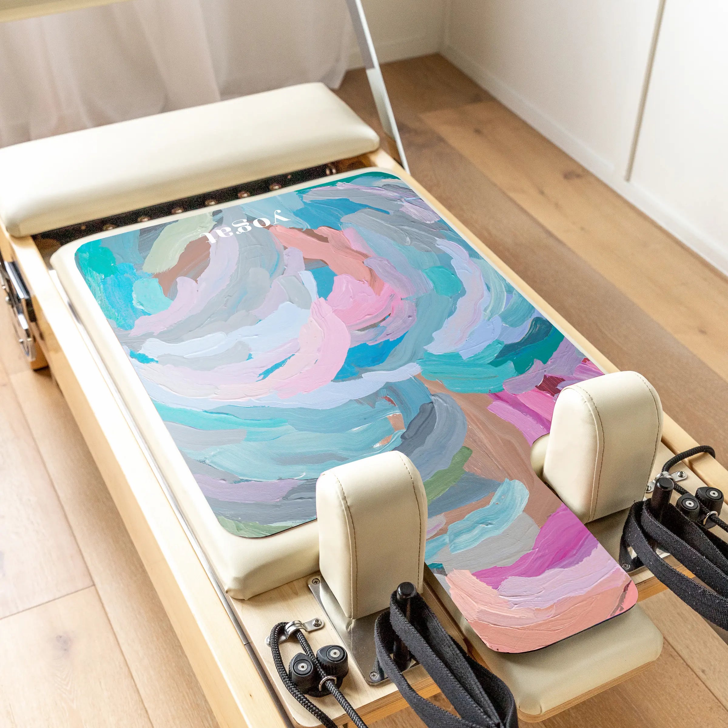 Becoming You Reformer Pilates Mat by Erin Reinboth and yogat – eco-friendly and PVC-free, featuring non-slip microfiber with original Australian artwork. Fits most reformer machines; lightweight and machine washable.
