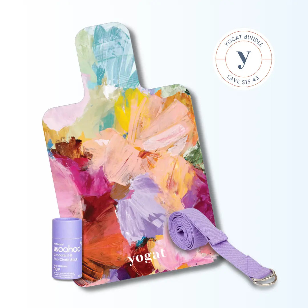 yogat Power and Pause Bundle featuring a non-slip reformer Pilates mat, d-ring stretch strap and natural Wohoo deodorant, designed for sustainable movement and mindful self-care.