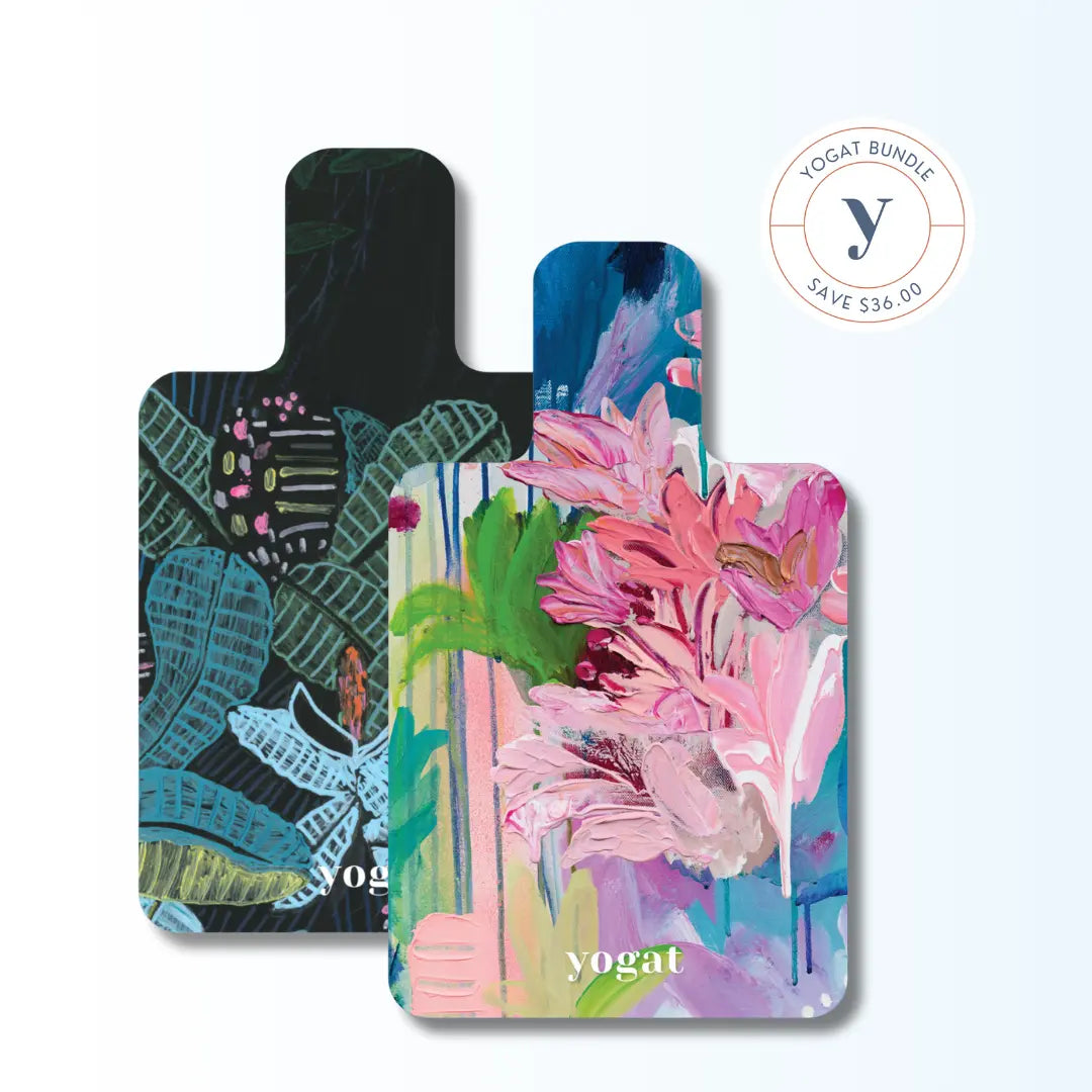 Two yogat eco-friendly non-slip reformer Pilates mats side by side, designed with Australian artist prints – the perfect sustainable gift for shared movement.

